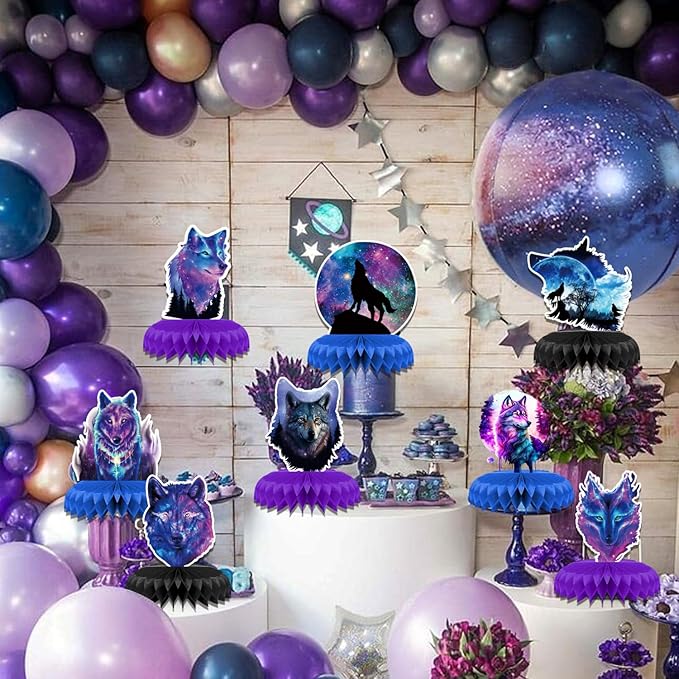 8 Pcs Galaxy Wolf Birthday Party Decoration, Starry Sky Wolf Theme Honeycomb Centerpieces 3D Double Sided Table Decorations, Animal Wolf Photo Booth Props for Kids Boys Girls Party Supplies