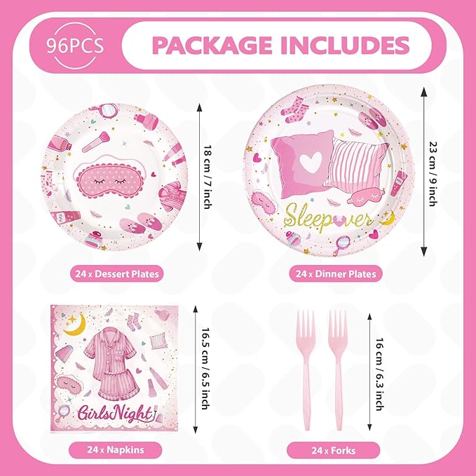 96Pcs Sleepover Party Supplies for Girls Pink Pajama Pillow Fight Plates and Napkins Disposable Slumber Spa Makeup Tableware Set for Girls Ladies Night Birthday Bachelorette Party Decorations Serves24