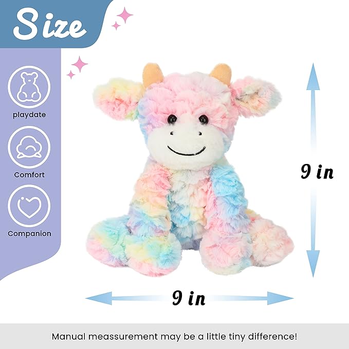 Hopearl Adorable Plush Cow Toy Colorful Floppy Dairy Cattle Soft Stuffed Animal Cute Birthday Gifts for Boys Girls Kids Toddlers, Rainbow, 9''
