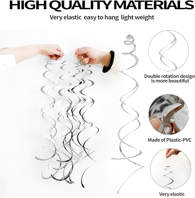 30 Pieces Silver Hanging Swirl Party Decorations Foil Decorations Ceiling Swirl Spiral Hanging Plastic Streamer for Ceiling Birthday Graduation Wedding Celebration Baby Shower Party Supply
