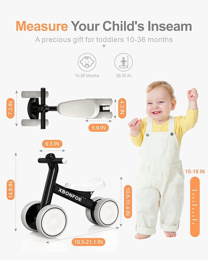 Baby Balance Bike for 1 Year Old Boys Girls, 10-24 Month Toddler Balance Bike, Baby Bike with No Pedal 4 Silence Wheels, First Ride on Toys with Adjustable Soft Seat, First Birthday Gifts