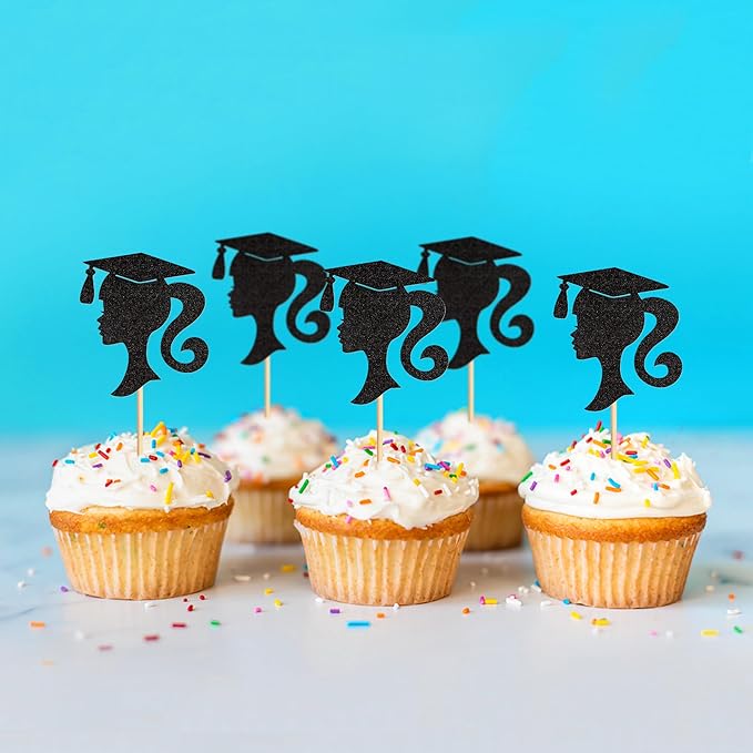 24pcs 2026 Black Female Student Graduation Cupcake Toppers Girls Graduate Silhouette Cupcake Picks 2026 Students Graduation Theme Party Cake Decorations Supplies