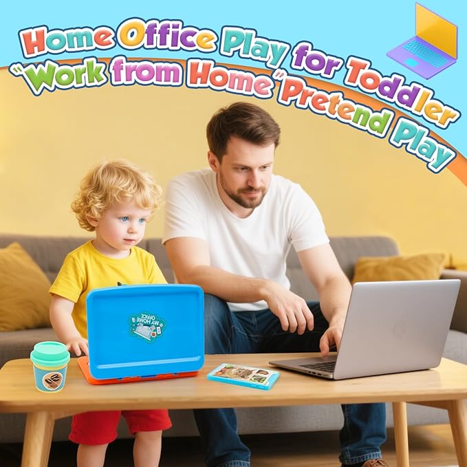 XIAPIA 10 Pcs Pretend Play Home Office Toys, Pretend Play for Toddlers 3-5-7, Pretend Play Sets with Kids Laptop, Pop-Up Calculator, Notebook, Watch, Coffee & Plant, Birthday Gift for 3 4 5 6 7 Year