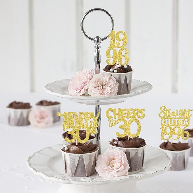 30PCS Straight Outta 1996 Cupcake Toppers Gold Glitter Thirty Happy 30th Birthday Cupcake Picks Cheers to 30 Years Cake Decorations for 30th Birthday Anniversary Party Decoration Supplies