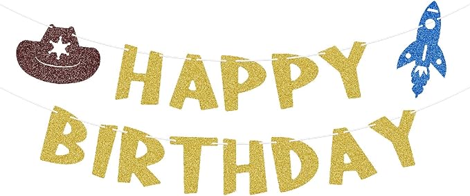 Glitter Toy Theme Happy Birthday Banner Cartoon Story Birthday Party Decorations Toy Inspired Game Space Theme Kids Birthday Banner Two Infinity and Beyond Bday Party Supplies
