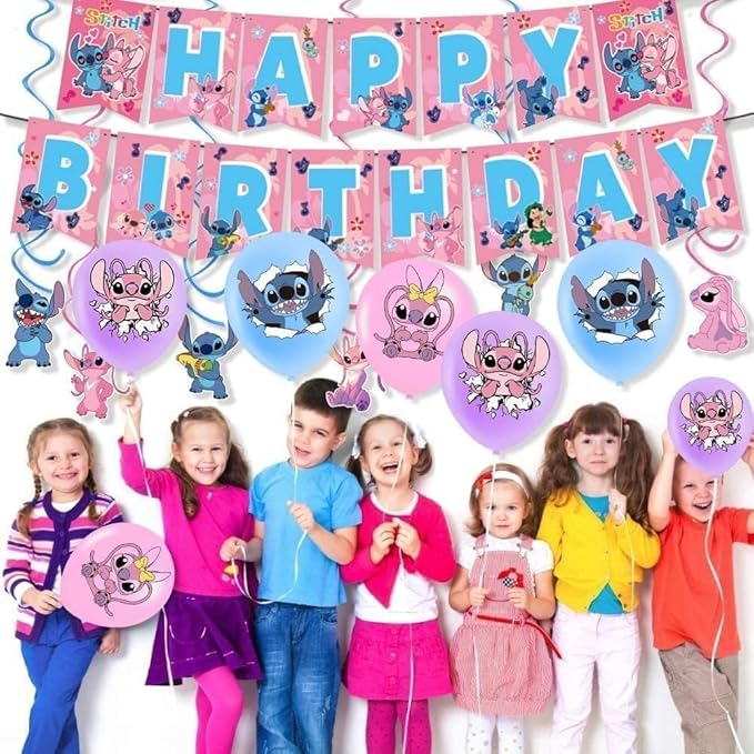 101PCS For Stitch Party Supplies, Birthday Decorations Set Include Banner, Balloons, Stickers, Hanging Swirls, Cake Cupcake Toppers, Tablecloth for Girls Pink Stitch Theme Party
