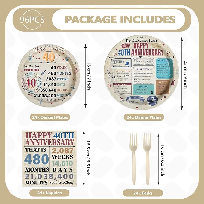 96Pcs 40th Anniversary Party Decorations Retro 40 Years Wedding Aday Plates and Napkins Happy 40th Anniversary Disposable Tableware Set for Vintage 40 Year Wedding Party Supplies Serves 24