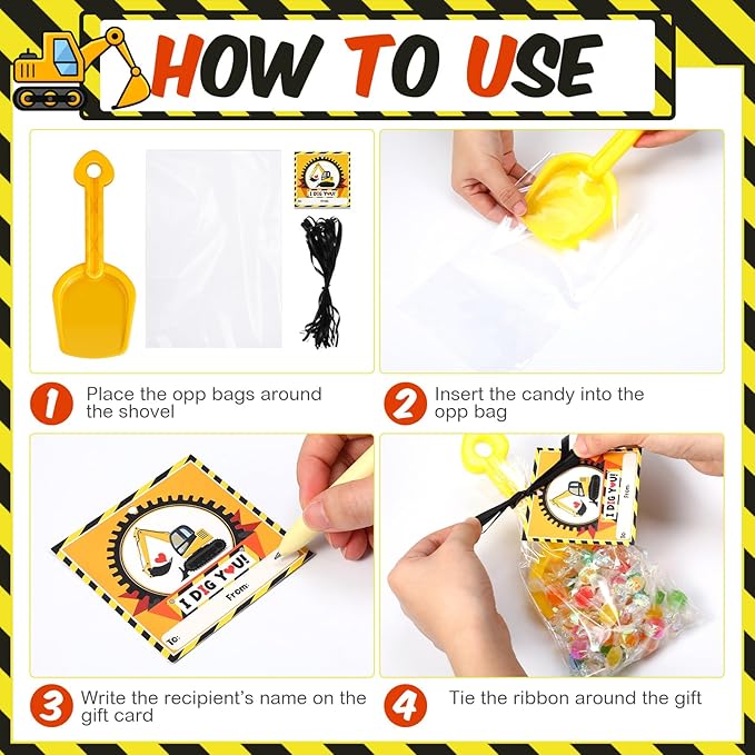 Capoda 30 Set Construction Theme Plastic Shovel with Clear Cellophane Bag Construction Theme I Dig You Cards and Ropes for Boys and Girls Classroom Exchange Prizes Vehicle Party Favor Supplies