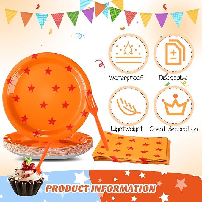 Oudain 96 Pcs Anime Theme Party Supplies 24 Sets Anime Paper Plates Napkins Forks Orange and Red Stars Print Disposable Plate Napkin Fork for Anime Party Decoration