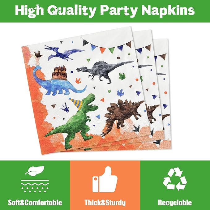 WERNNSAI Dinosaur Party Decorations - 64 PCS Dinosaur Plates Napkins and Forks Set Boys Birthday Party Decorations for Kids Baby Shower Dino Theme Parties Serves 16 Guests
