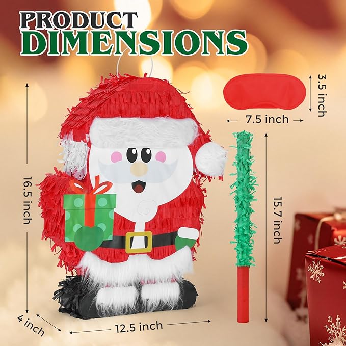 Christmas Santa Claus Pinatas Bundle with a Blindfold and Bat (Small Size 17x12.5x4 Inches), Holiday Theme Piñata, Christmas Party Supplies, Xmas Piñata, Party Decoration Games