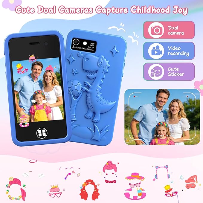 Kids Toy Smart Phone for 4-8 Year Old Boys Girls | Dual Camera, 14 Educational Games, Drop-Proof Fake Phone with MP3 Player & 16GB SD Card, Perfect Christmas Birthday Gift (Blue)