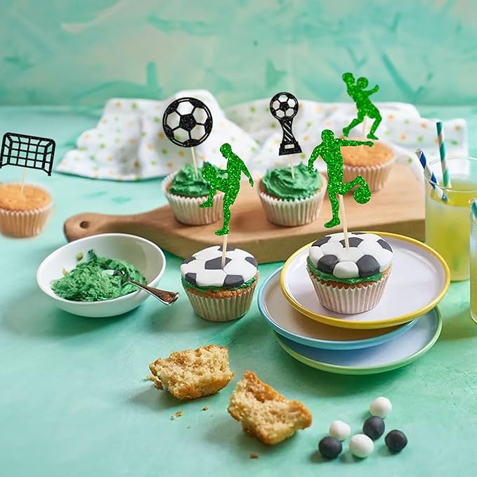 24Pcs Soccer Cupcake Toppers Glitter Soccer Ball Cupcake Picks Sport Cake Decorations Football Theme Birthday Party Baby Shower Kids Boys Men Birthday Party Favors Supplies Green