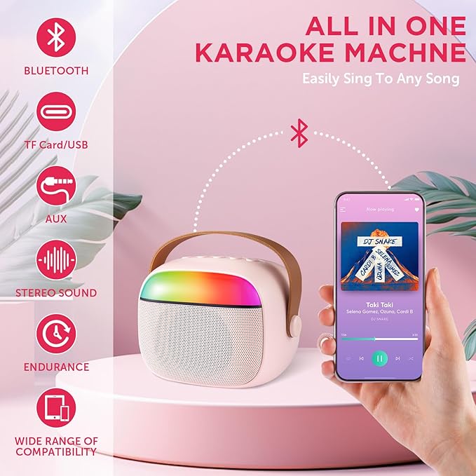 Kids Karaoke Machine,Portable Bluetooth Speaker with 2 Wireless Microphones, Gifts Toys for Girls 4, 5, 6, 7, 8, 9, 10 +Year Old Birthday Family Home Party(Pink)