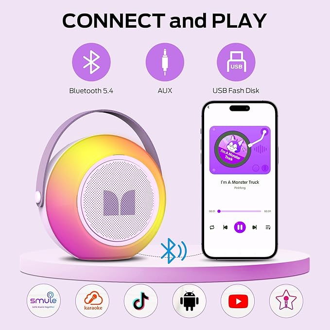 Monster Mini Karaoke Machine for Kids Adults, Portable Bluetooth Speakers with 2 Wireless Microphones and Lights, Christmas Birthday Gifts Toys for Girls Boys 4, 5, 6, 7, 8, 9, 10, 12+ Toddler