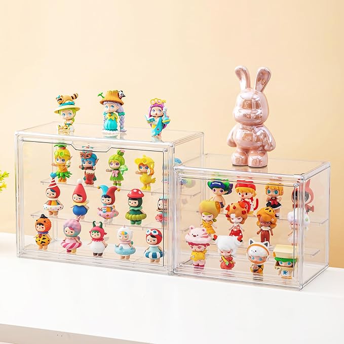 2 Pack Acrylic Display Cases for Collectibles, Clear Display Case for Figures, 3 Tier Display Shelf Boxes Miniature Display Case, Dustproof and Stackable Action Figure Display Cases (2, Small)