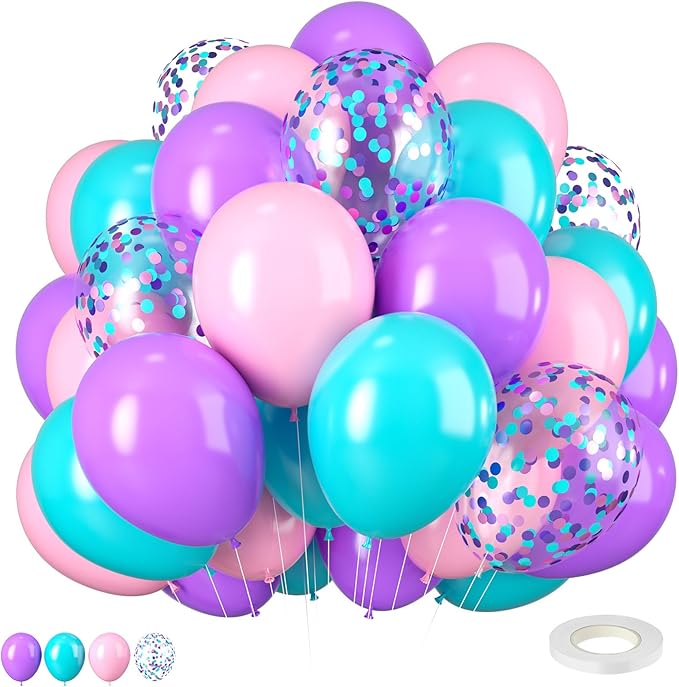 Pink Purple Blue Balloons, 12 Inch Color Pink Teal Purple Balloons Confetti Latex Balloons for Mermaid Themed Gaby Doll house Party Birthday Decorations