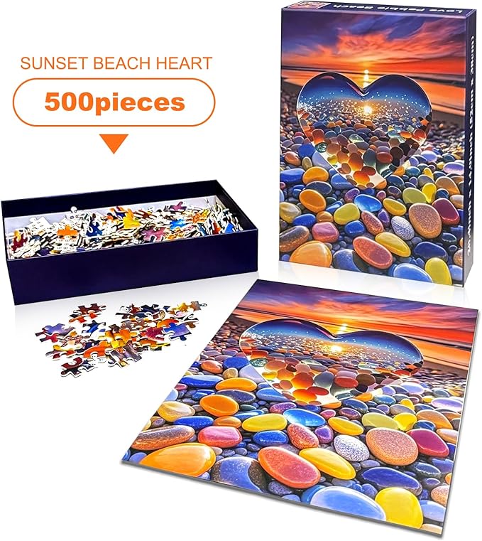 500 Piece Jigsaw Puzzle for Adults Heart-Shaped Sunset Beach Pebbles Colorful Stones Scenic Ocean View Puzzle Challenging 500pc Art Puzzle for Adults & Families (20x15 Inches)