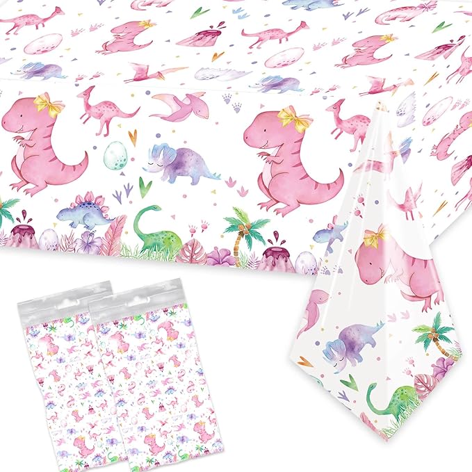 Letromp 2 Pieces Pink Dinosaur Birthday Tablecloths 54 x 108 Inch Watercolor Dinosaur Table Covers for Dino Theme Girls Baby Shower 1st 2nd 3rd 4th Birthday Party Supplies Table Decorations Favors