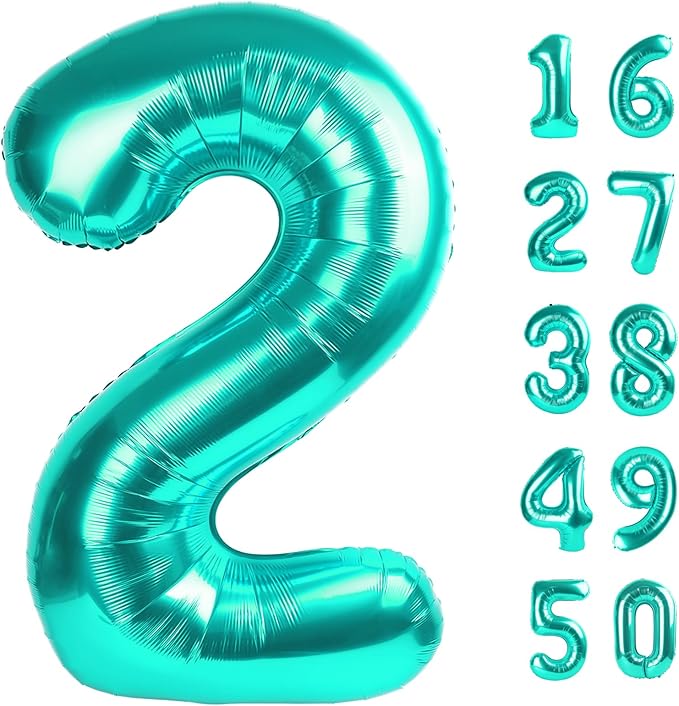 40 Inch Teal Blue Balloon Number 2 Giant Two Balloons Number Birthday Decorations, 2nd 12 20 21st Party Celebration Decorations Digital Balloon Wedding Anniversary Party Supplies