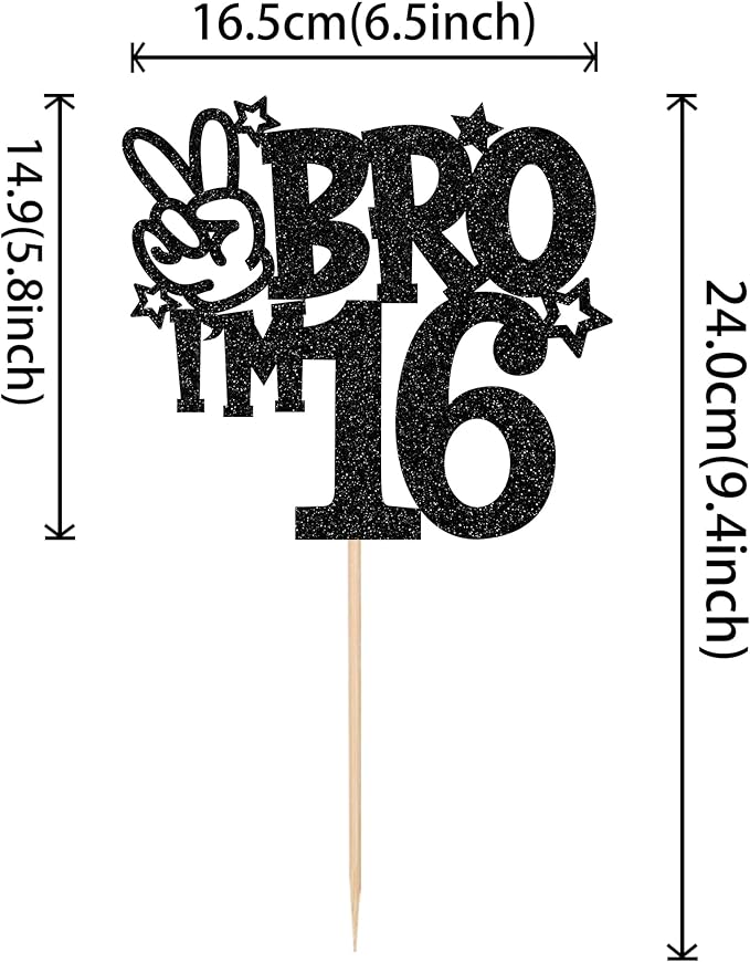 1 PCS Brother I'm 16 Cake Topper Glitter Star Happy 16th Birthday Cake Pick Bro I'm 16 Cake Decoration It's My 16th Birthday Decorations for Boys Cheers to 16 Years Old Birthday Party Supplies Black