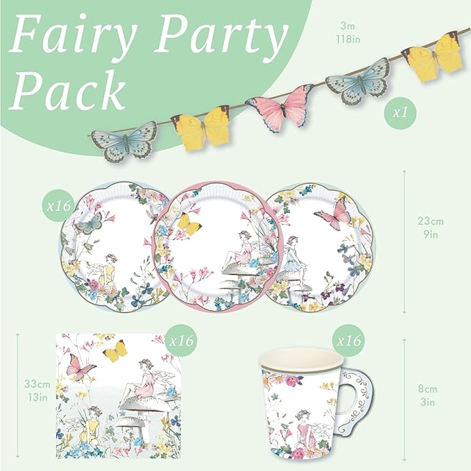 Talking Tables 50pcs Fairy Party Wildflower Decorations Disposable Tableware Butterfly Bunting, Paper Cups, Plates Pretty Napkins Kids Birthday, Mother's Day, Afternoon Tea, Baby Shower for 16 Guests