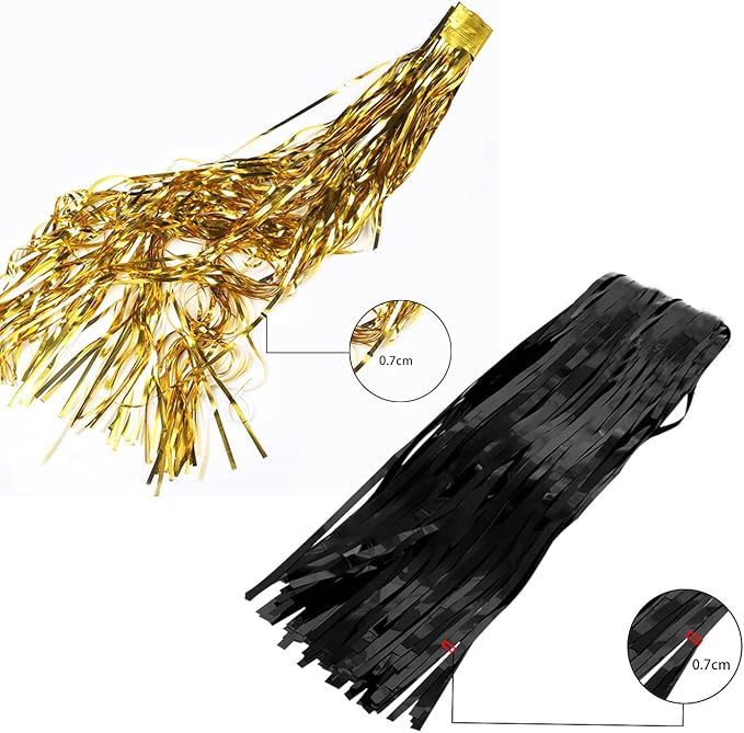 2PCS 3' X 8' Black and Gold Metallic Tinsel Foil Fringe Curtain Backdrop for 2023 New Years Eve, Halloween Party, Graduation Decoration