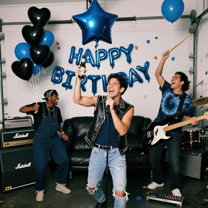 27 Pcs Blue Black Birthday Decorations, 3D Letters Blue Happy Birthday Balloon Banner, Pentagram Heart Foil Balloons Confetti Balloons Kit For Boys Girls Party Supplies