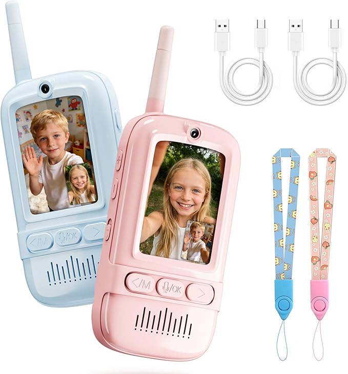 Video Walkie Talkies for Kids, Rechargeable Kids Walkie Talkies 2 Pack with Screen for Boys & Girls Ages 3-12, Birthday Christmas Toys Gifts for Family Games, Outdoor Play, Camping (Blue & Pink)