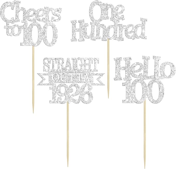 Ephlyn 24Pcs Happy 100th Birthday Cupcake Toppers Glitter Straight Outta 1926 Cupcake Picks Hello 100 Cheers to 100 Years Birthday Cake Decorations for 100th Birthday Anniversary Party Supplies Silver