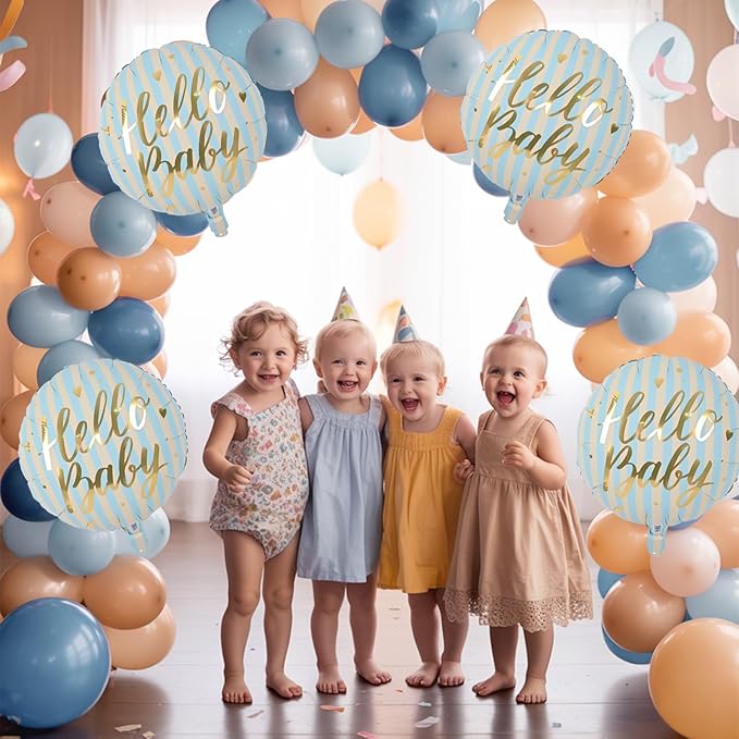 18" Hello Baby Foil Balloons for Welcome Baby Party Decorations, 4pcs Light Blue Cream Gold Mylar Balloons, baby Blue Beige Gold Balloon for Newborn Gender Neutral baby Shower Sip and See Party Decor