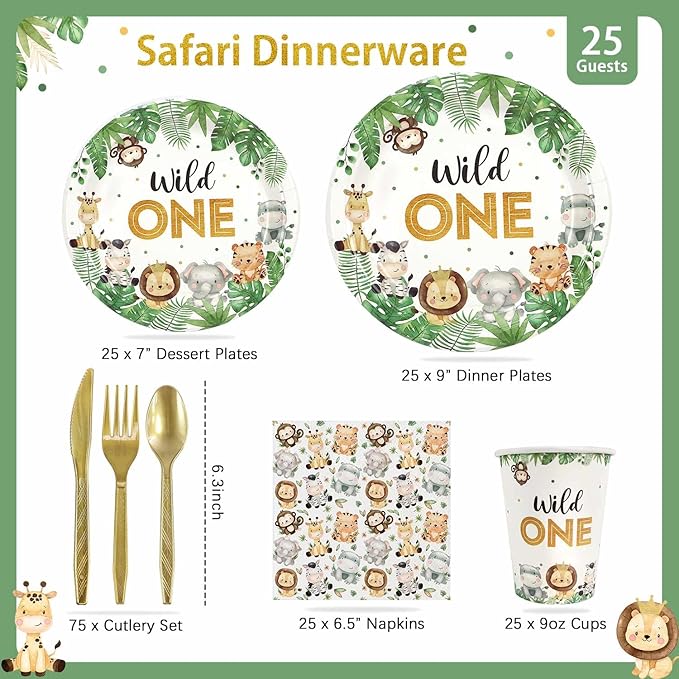 175 Pcs Wild One Birthday Decorations Plates Set 25 Guests, Safari Jungle Baby Shower Theme Paper Plates Napkins Cups Cutlery Set Boys First 1st Party Supplies