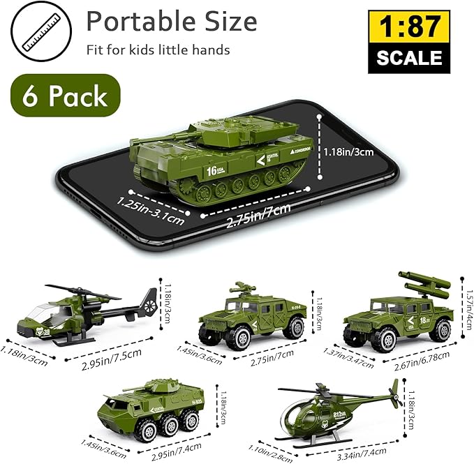 Die-cast Military Army Vehicles, 6 Pack Alloy Metal Toy Models Set - Tank, Helicopter, Panzer, Anti-Aircraft Vehicle, Gifts for Kids Boys Age 6 7 8 9 (1:87 Scale)