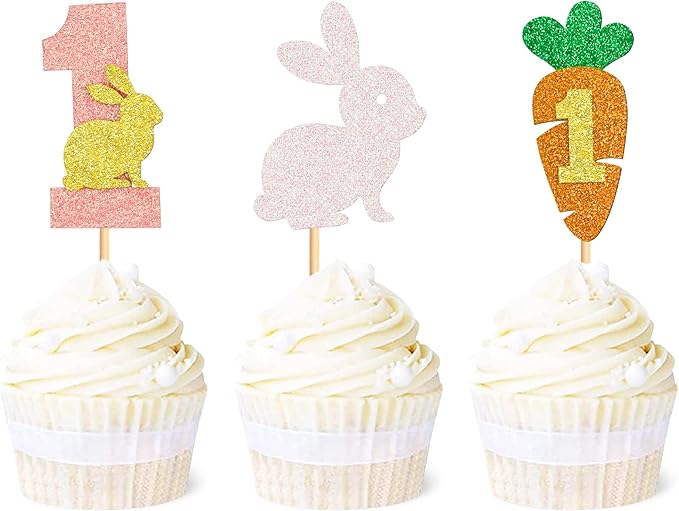 Ercadio 24Pcs Easter Bunny One Cupcake Toppers Glitter Rabbit Carrot One Cupcake Picks for Easter 1st Birthday Party Easter Baby Shower Rabbit Boys Girls First Birthday Cupcake Decorations