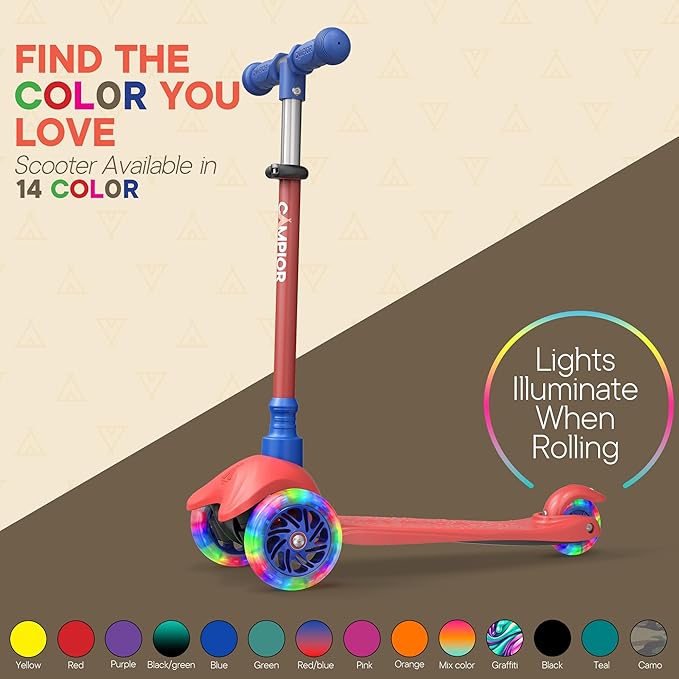 Red & Blue Mini 3 Wheel Scooter for Kids – Lean-to-Steer with LED Light-Up Wheels, Adjustable Handlebar, Wide Anti-Slip Deck, Smooth PU Wheels, Rear Foot Brake – Toddler Scooter for Ages 2+