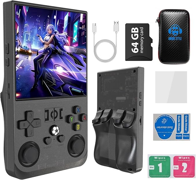 R36MAX 4000mAh Portable Rechargeable Handheld Retro Game Console,Comfort Non-Slip Handheld Standing Retro Game Console with 64G TF Car,4.0-inch Screen,for Office,Black