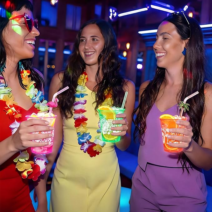 Remerry 100 Pack 12 oz Neon Hawaiian Luau Glowing Cups Disposable Glowing in The Dark Cups Luau Party Decorations for Hawaiian Beach Theme Birthday Summer Supplies