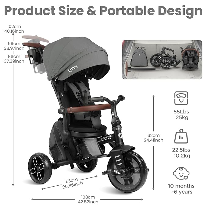 QPlay Toddler Bike Stroller for Baby 10 Months to 6 Years Old, 8-in-1 Foldable Stroller Bike for Toddlers 3-5 Boys & Girls Gifts Trike — Adjustable Handle, Triple Footrest, Canopy & Storage Bag