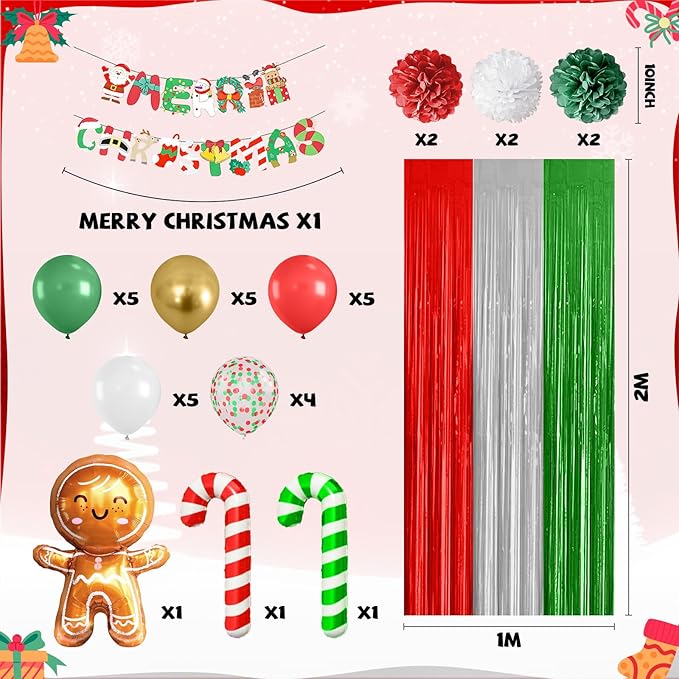 Red Green Christmas Decorations,Merry Christmas Decor Banner Paper Pompoms Fringe Curtain Backdrop Xmas Foil Balloons Latex Balloon for Indoor Outdoor Decorations