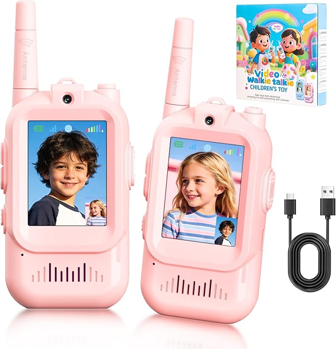 Video Walkie Talkies, Rechargeable Toddler Toys with HD Camera & 4 Switchable Voice, 1000FT Long Range for Christmas Birthday Gifts for Family Game, Camping for Boys Girls Ages 3-12, Pink, 2 Pack