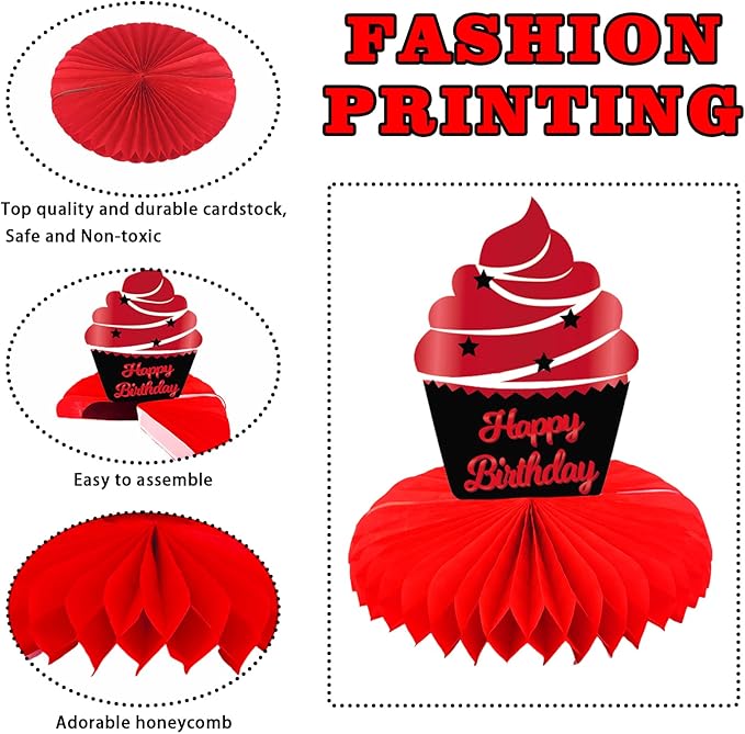 Happy 45th Birthday Red and Black Table Honeycomb Centerpieces Balloons Theme Decor Table Decorations Table Toppers for Girls Women Princess 45 Years Old Birthday Party Bday Supplies Background Gold