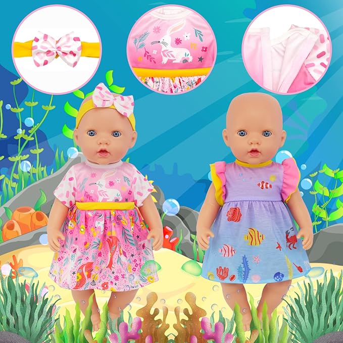 4 Set Doll Clothes, Baby Doll Clothes for 14 -16 Inch, 18 Inch Girl Doll Clothes Outfits and Accessories 7 Pcs Include Jumpsuit, Dresses, Headbands, Hats, Shoes (No Dolls)