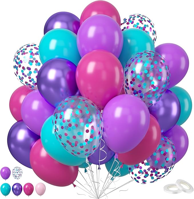 Hot Pink Blue Purple Balloons, 50PCS 12Inches Hot Pink Purple Teal Latex Balloon with Confetti Metallic Balloons for Girls Women Theme Birthday Baby Shower Wedding Party Decoration