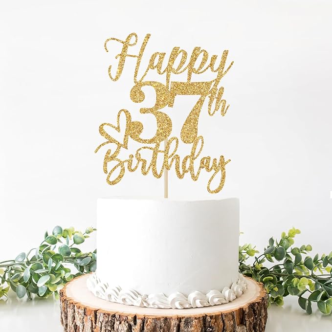 Happy 37th Birthday Cake Topper, 37th Birthday Decorations, Cheers to 37 Years, 37 Happy Birthday Party Supplies Gold Glitter
