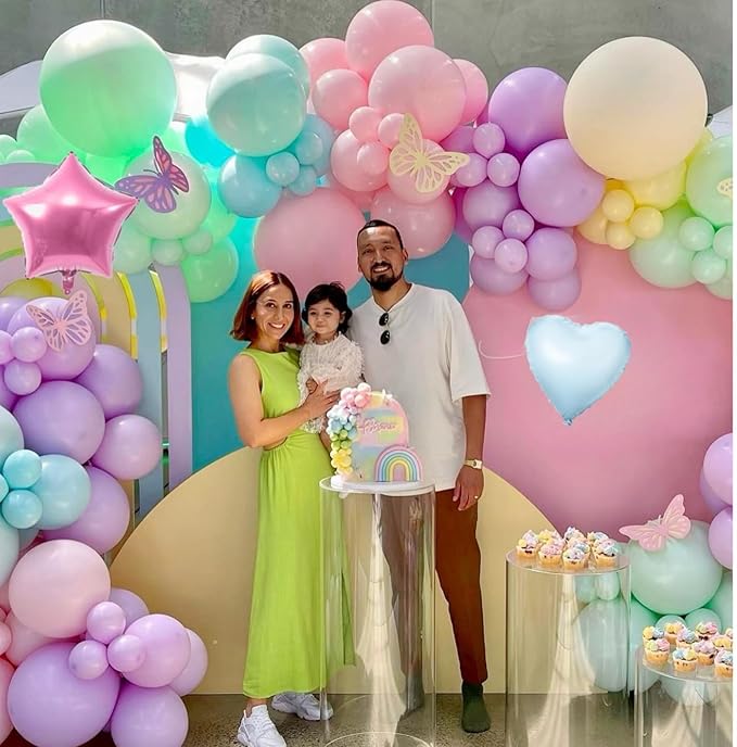 Pastel Rainbow Birthday Decorations,Easter Birthday Balloon Macaron Pink Blue Purple Green Yellow Colorful Confetti Balloons Banner Star Heart Foil Balloon for Baby Shower Easter Party