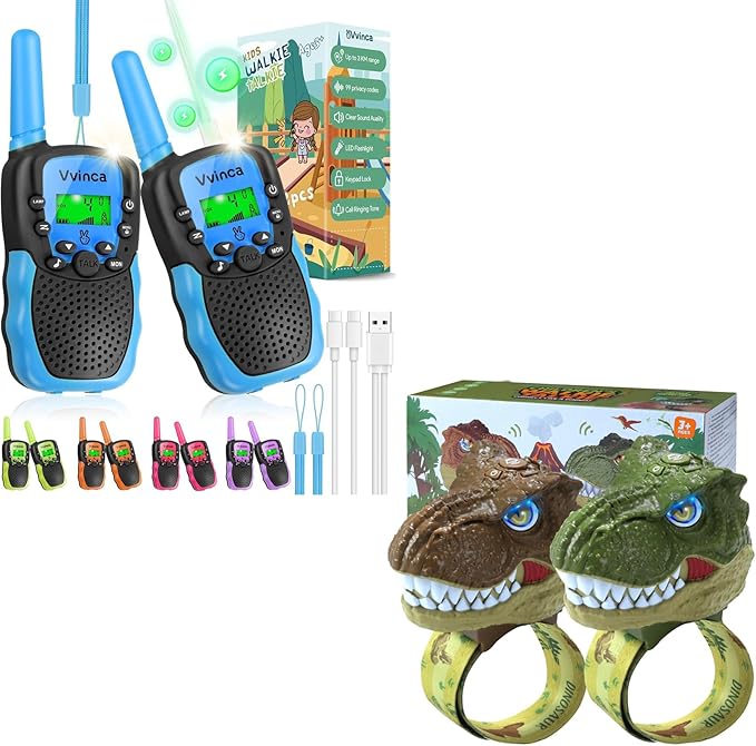 Vvinca Walkie Talkies for Kids 4 Pack - Toys for Boys Girls Age 3-12， Including Dinosaur Walkie Talkies 2 Pack, Rechargeable Walkie Talkie 2 Pack, Kids Toys for Christmas、Birthday Gifts