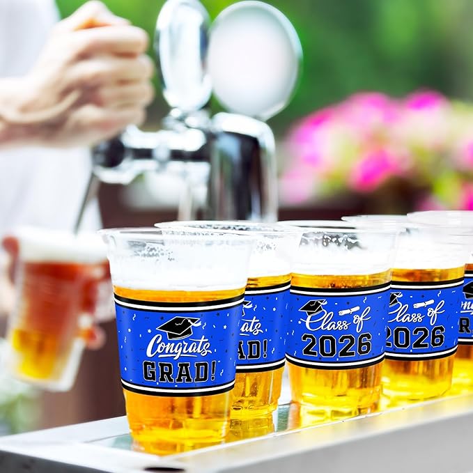 Gatherfun Graduation Decorations 2026-100 Pcs 16oz Blue Graduation Plastic Cups for Grad Party | Sturdy & Durable Drinkware for Grad Festivities | Essential Grad Party Supplies & Decorations