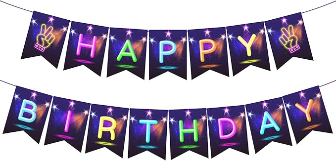 CC HOME Glow Happy Birthday Banner, Glow Party Decoration, Glow in The Dark Letters Theme Party Supplies Boys Girls Kids Home Classroom Baby Showers Birthday Party Decorations Club Bar Hanging Flags