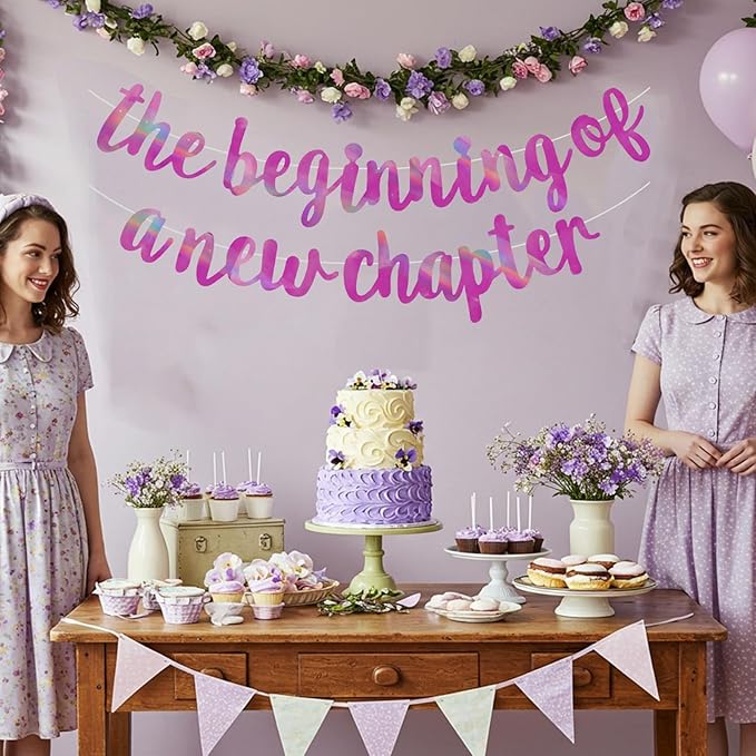 BEISHIDA Double-Sided Rainbow Purple The Beginning of A New Chapter Banner,Farewell Book Themed Housewarming Party Congratulations Decorations,Going away party Retirement Garland,Graduation Sign 2026 Banner