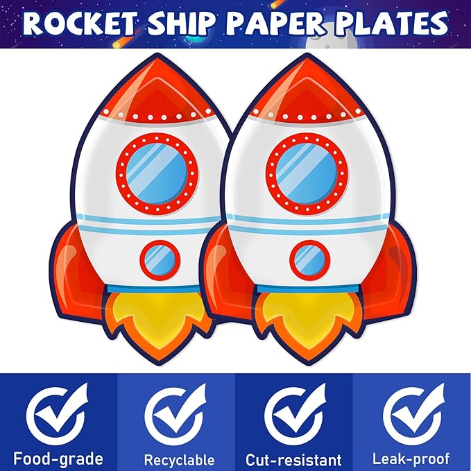 50 PCS Rocket Ship Paper Plates for Outer Space Birthday Party Supplies Disposable Solar System Themed Party Dessert Plates Starry Night Baby Shower Party Galaxy Birthday Themed Decoration Kids